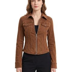 Pauline Women's Slim-Fit Cropped Denim Jacket in brown, worn by a model on a white studio background