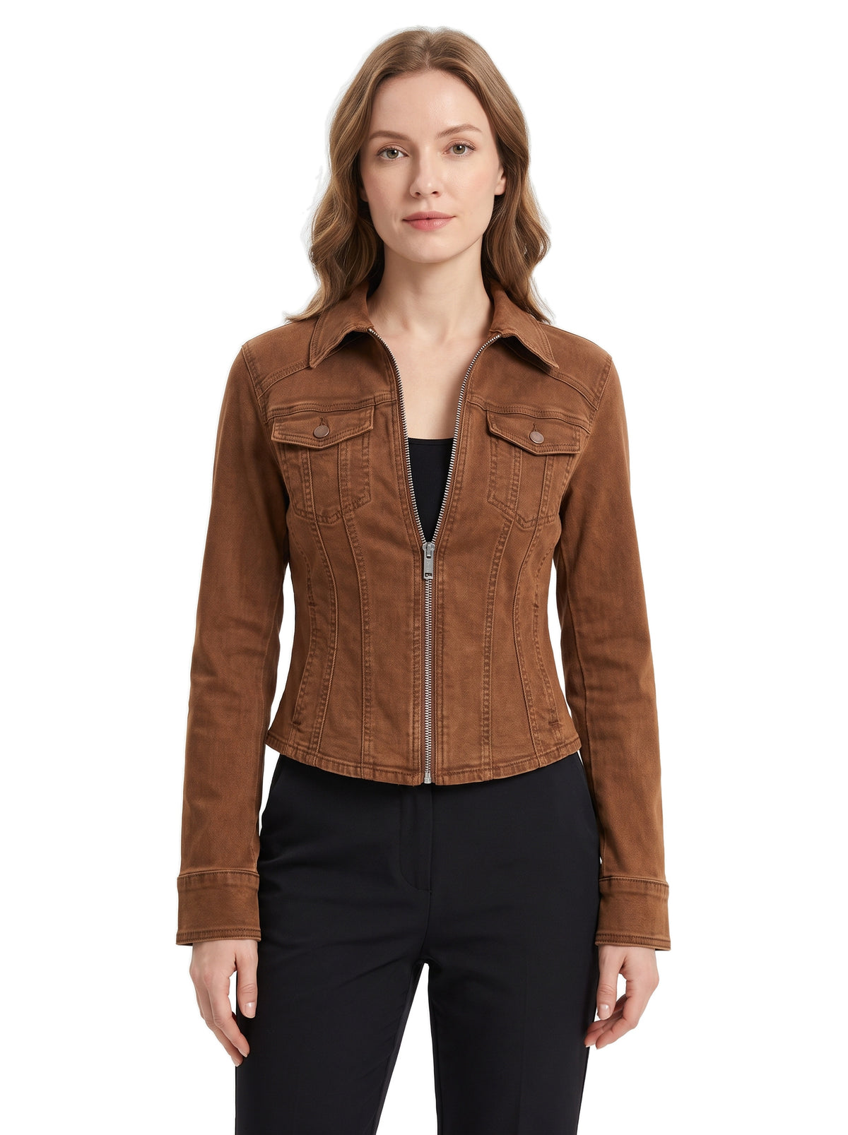 Pauline Women's Slim-Fit Cropped Denim Jacket in brown, worn by a model on a white studio background
