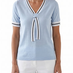 Meredith-Gwendolyn Women's Contrast-Trim Knit V-Neck Tee in Sky Blue