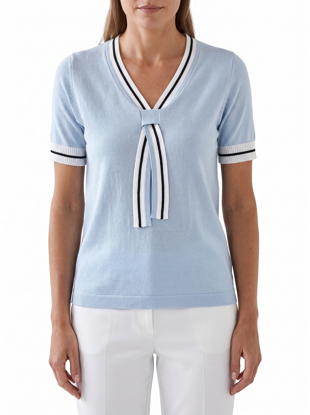 Meredith-Gwendolyn Women's Contrast-Trim Knit V-Neck Tee in Sky Blue