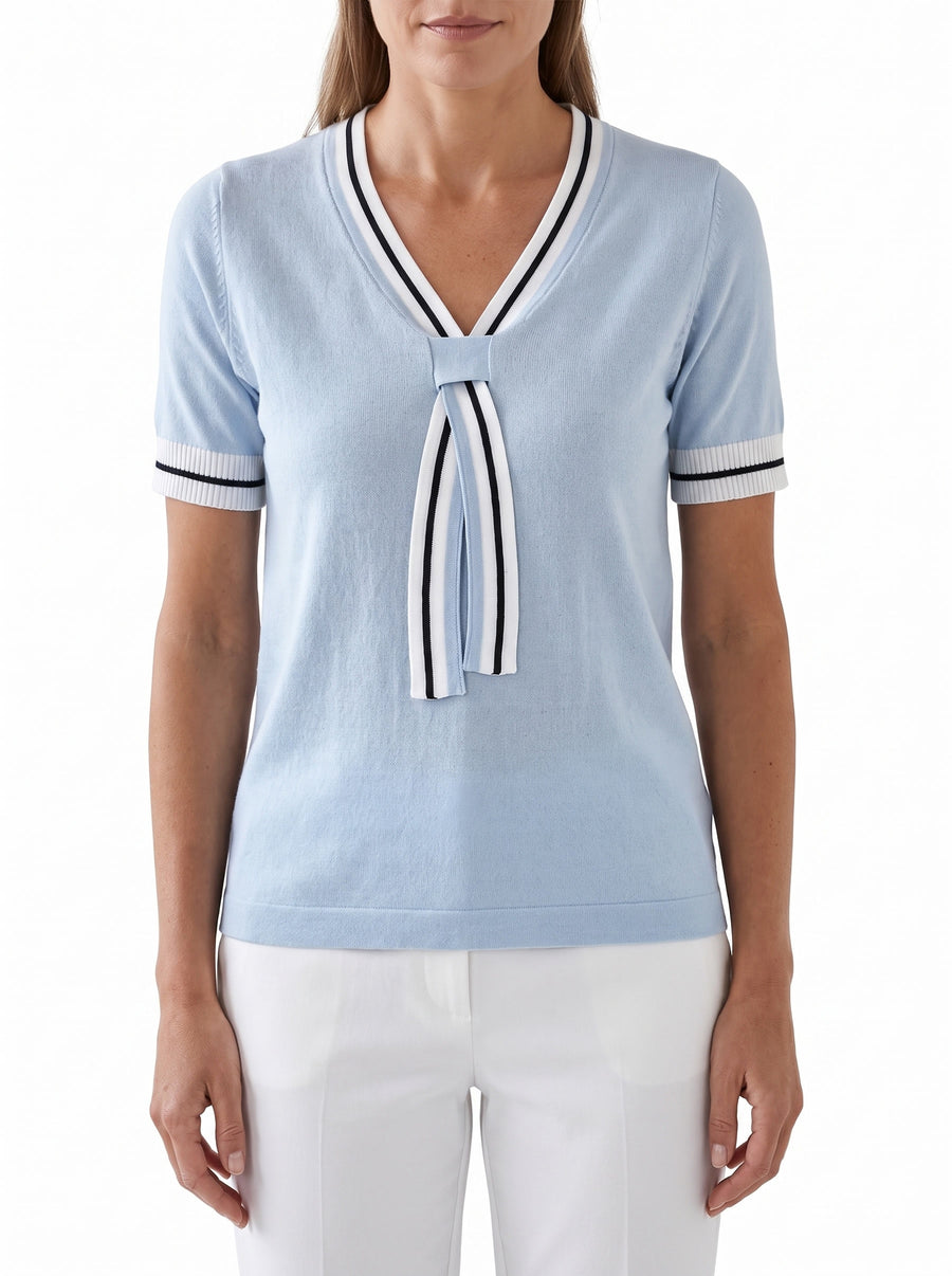 Meredith-Gwendolyn Women's Contrast-Trim Knit V-Neck Tee in Sky Blue