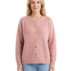 Gilda Women's Button-Front Crew Neck Cardigan in pink worn by a model