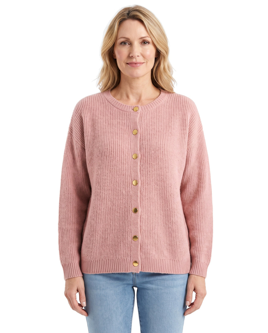 Gilda Women's Button-Front Crew Neck Cardigan in pink worn by a model