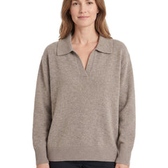 Gloria Women's Cable Knit Polo Sweater in Beige worn by a model