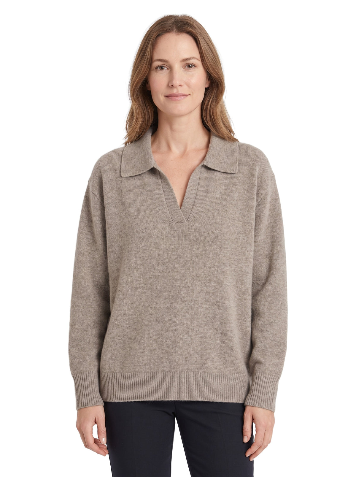 Gloria Women's Cable Knit Polo Sweater in Beige worn by a model