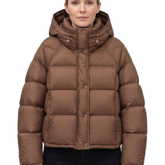 Odette Women's Hooded High-Neck Puffer Jacket in Brown, worn by a model