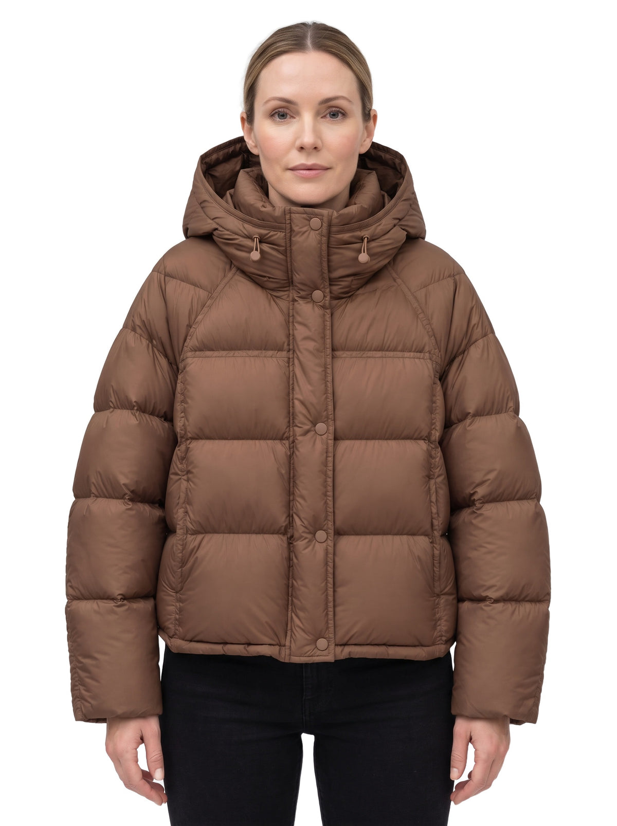 Odette Women's Hooded High-Neck Puffer Jacket in Brown, worn by a model
