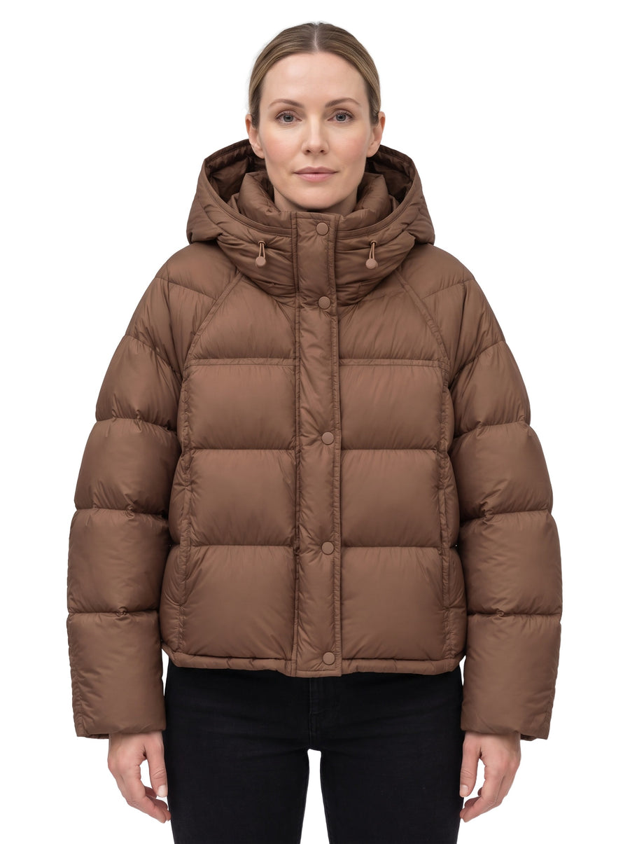 Odette Women's Hooded High-Neck Puffer Jacket in Brown, worn by a model