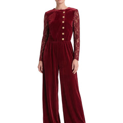 Tamara-Colette Women's Lace-Sleeve Velvet Wide-Leg Jumpsuit in burgundy velvet worn by a model on a white background