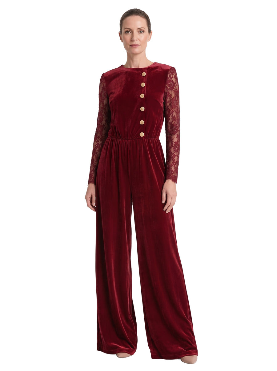 Tamara-Colette Women's Lace-Sleeve Velvet Wide-Leg Jumpsuit in burgundy velvet worn by a model on a white background