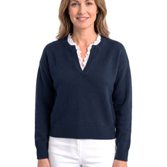 Vera-Josephine Women's Lace-Trim V-Neck Knit Pullover Top in Dark Blue worn by a model