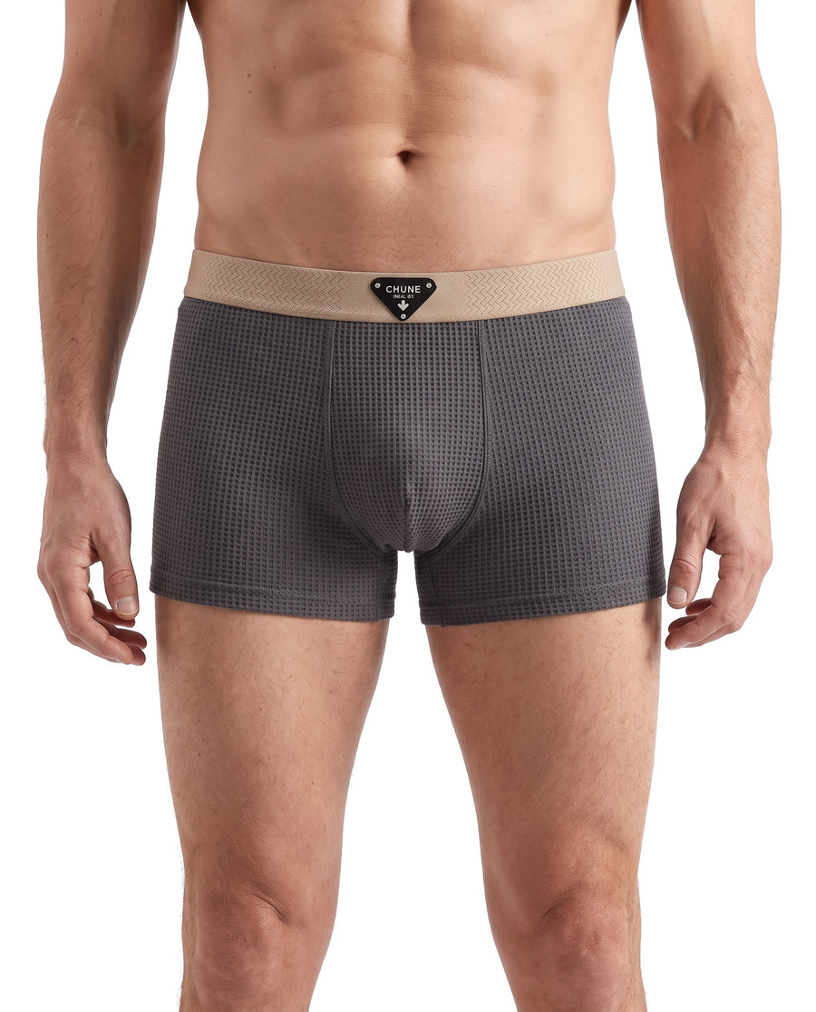 Meredith-Harriet Men's Waffle-Knit Cotton Boxer Briefs in grey with tan waistband worn by a model