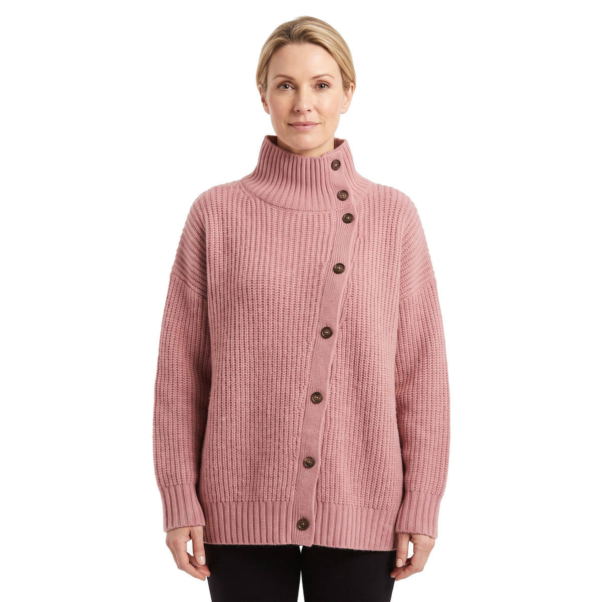 Women's button-front stand collar chunky knit cardigan in pink