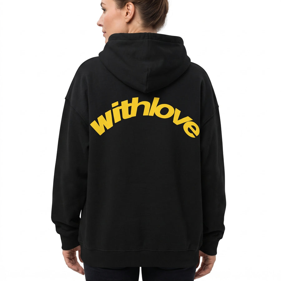 Women's oversized black pullover hoodie with yellow withlove graphic back print