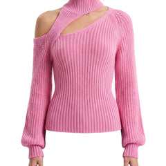 Woman wearing pink asymmetrical cold-shoulder ribbed knit top