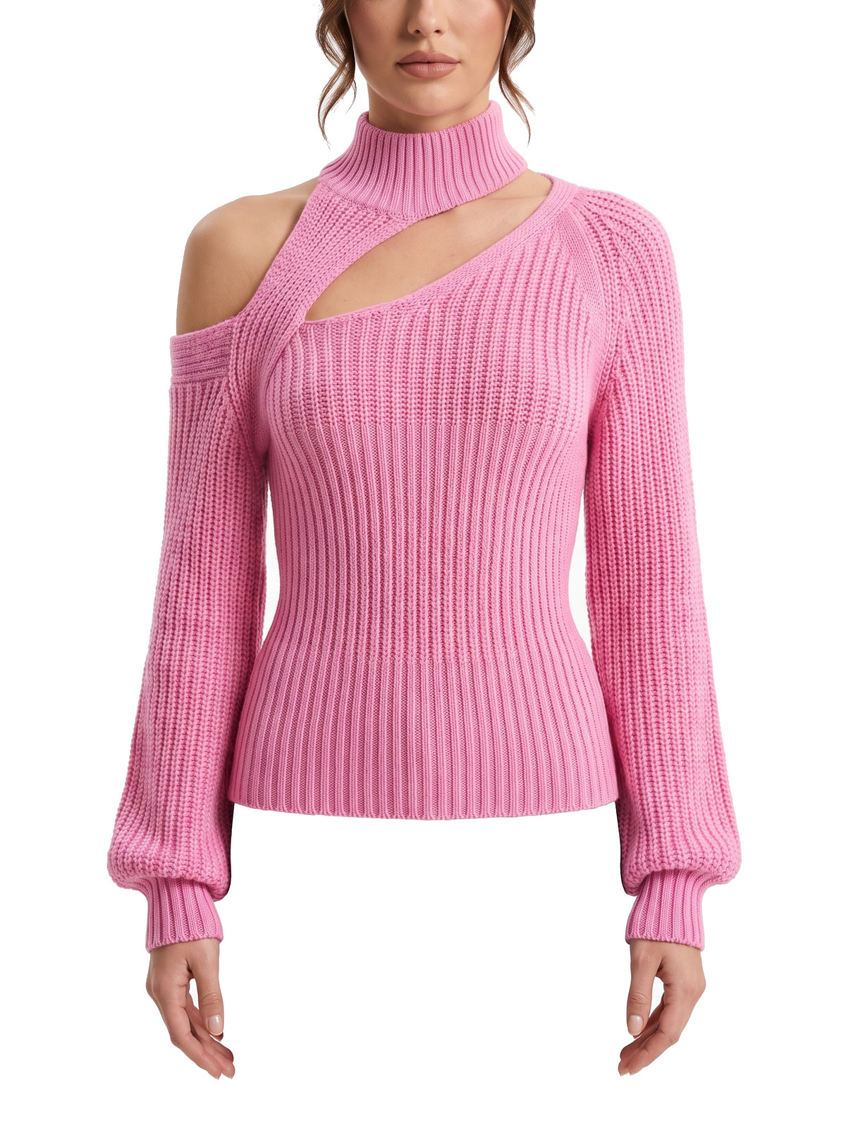 Woman wearing pink asymmetrical cold-shoulder ribbed knit top