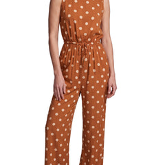 Women's polka dot wide-leg jumpsuit in rust brown with cream spots