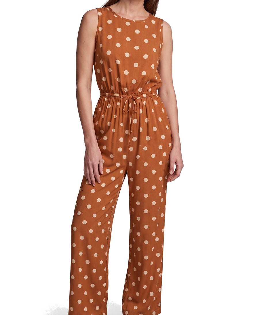 Women's polka dot wide-leg jumpsuit in rust brown with cream spots