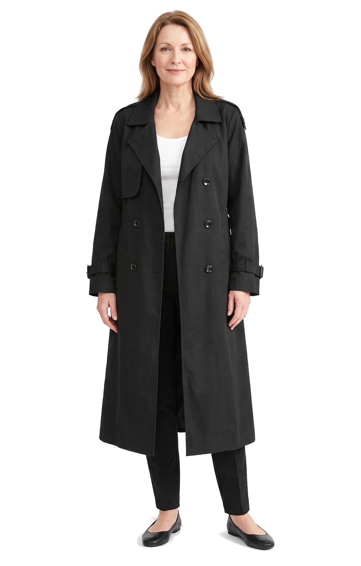 Women's black double-breasted belted trench coat