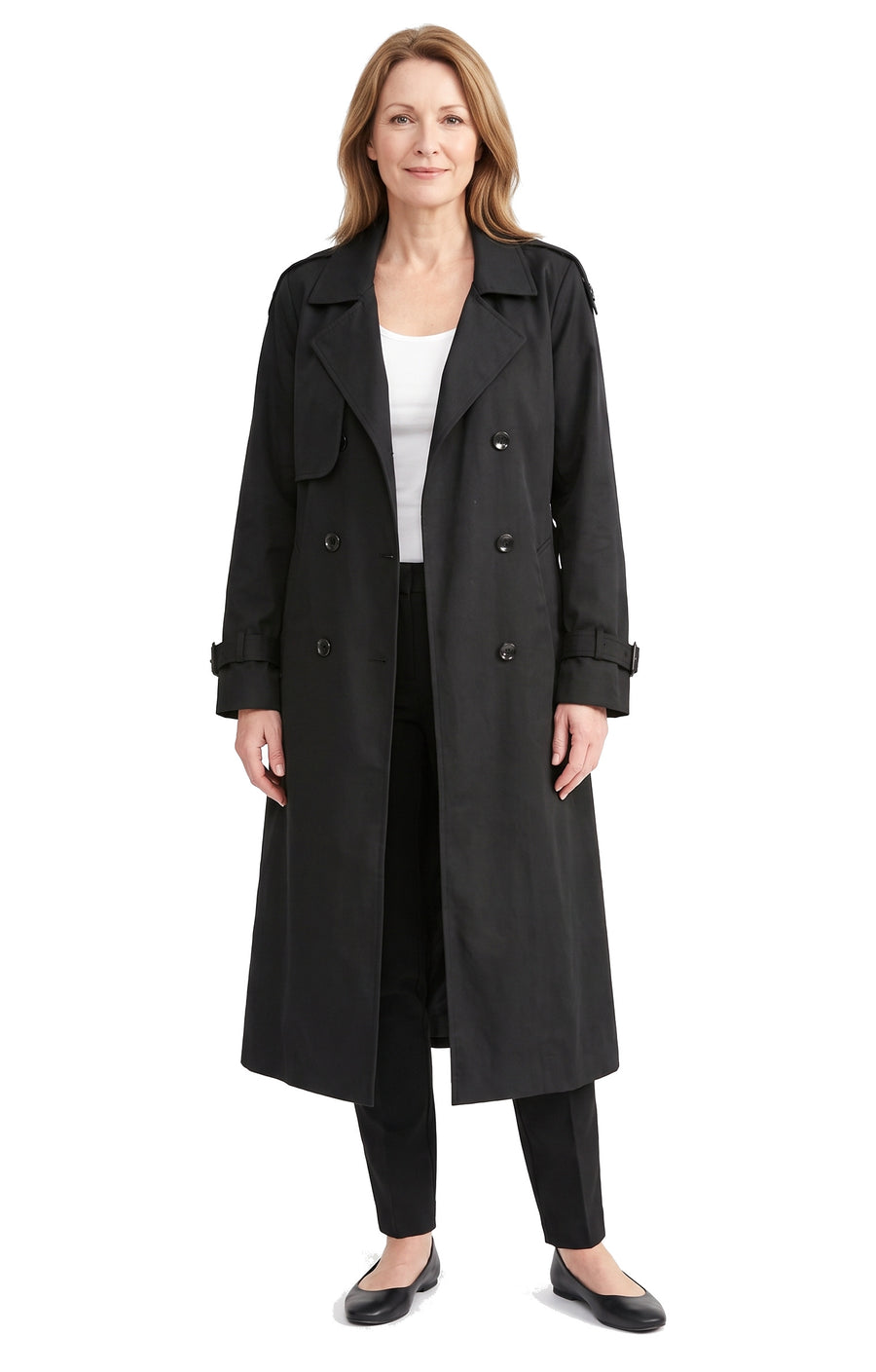 Women's black double-breasted belted trench coat