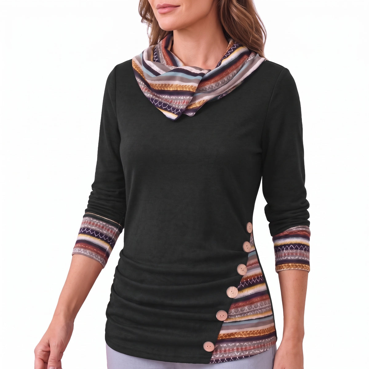Women's cowl neck patterned long-sleeve top in black with multicolour striped trim
