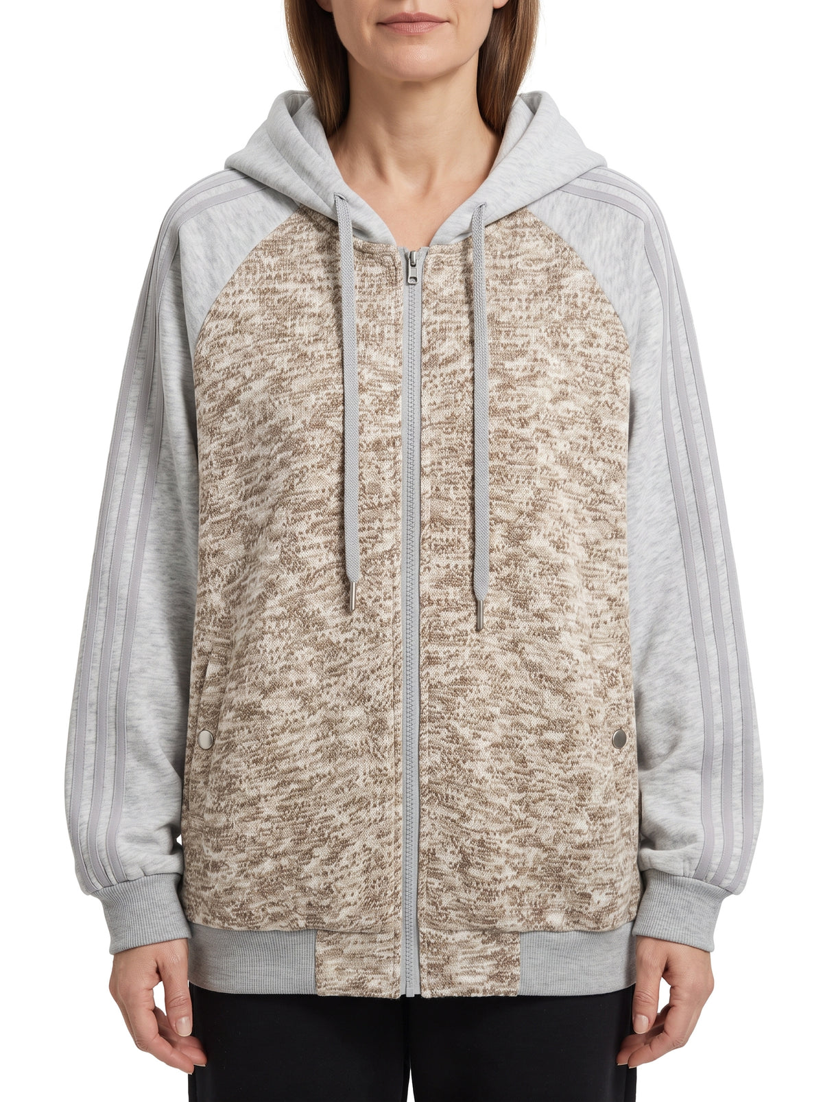 Women's oversized knit hoodie bomber with melange front and raglan sleeves in khaki