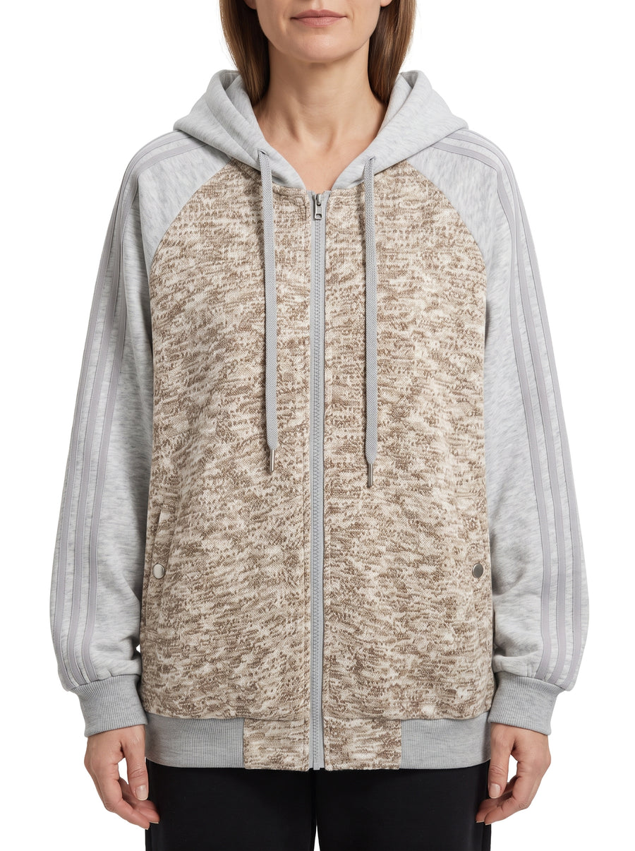 Women's oversized knit hoodie bomber with melange front and raglan sleeves in khaki