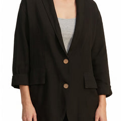 Women's notch-lapel open-front black linen blazer