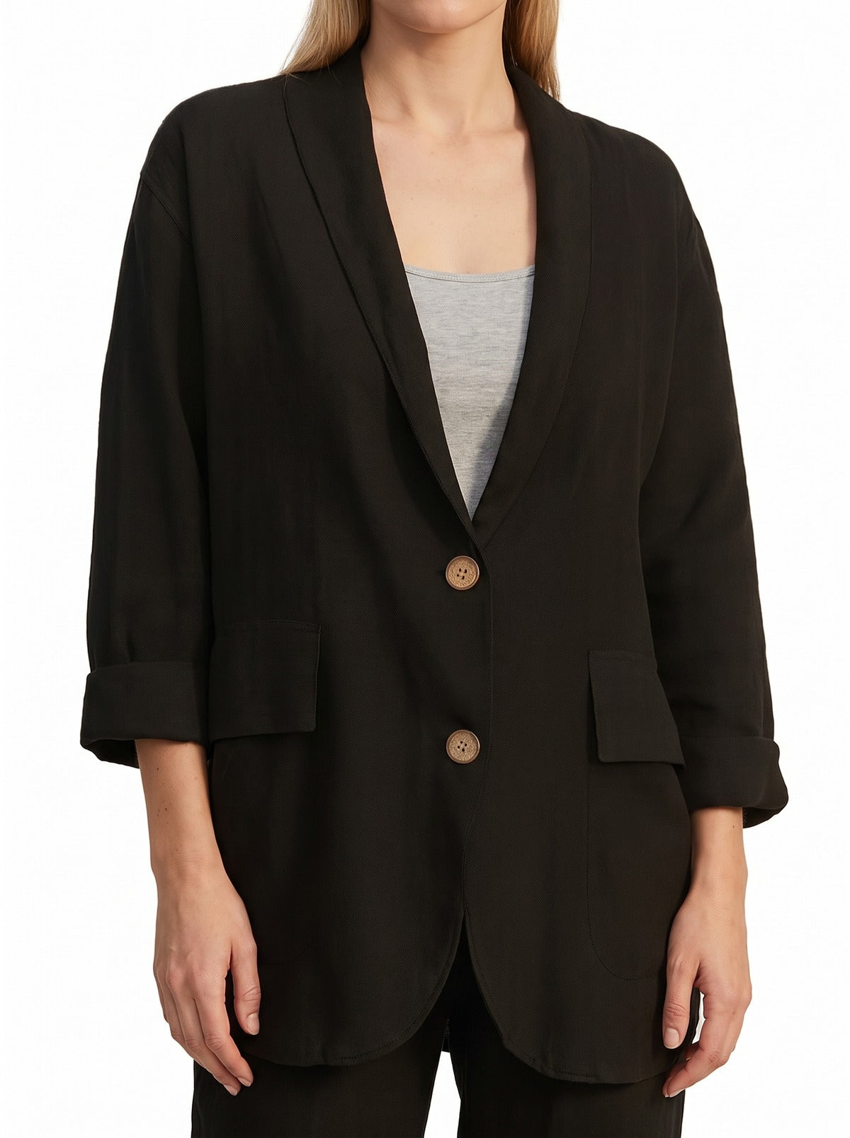 Women's notch-lapel open-front black linen blazer