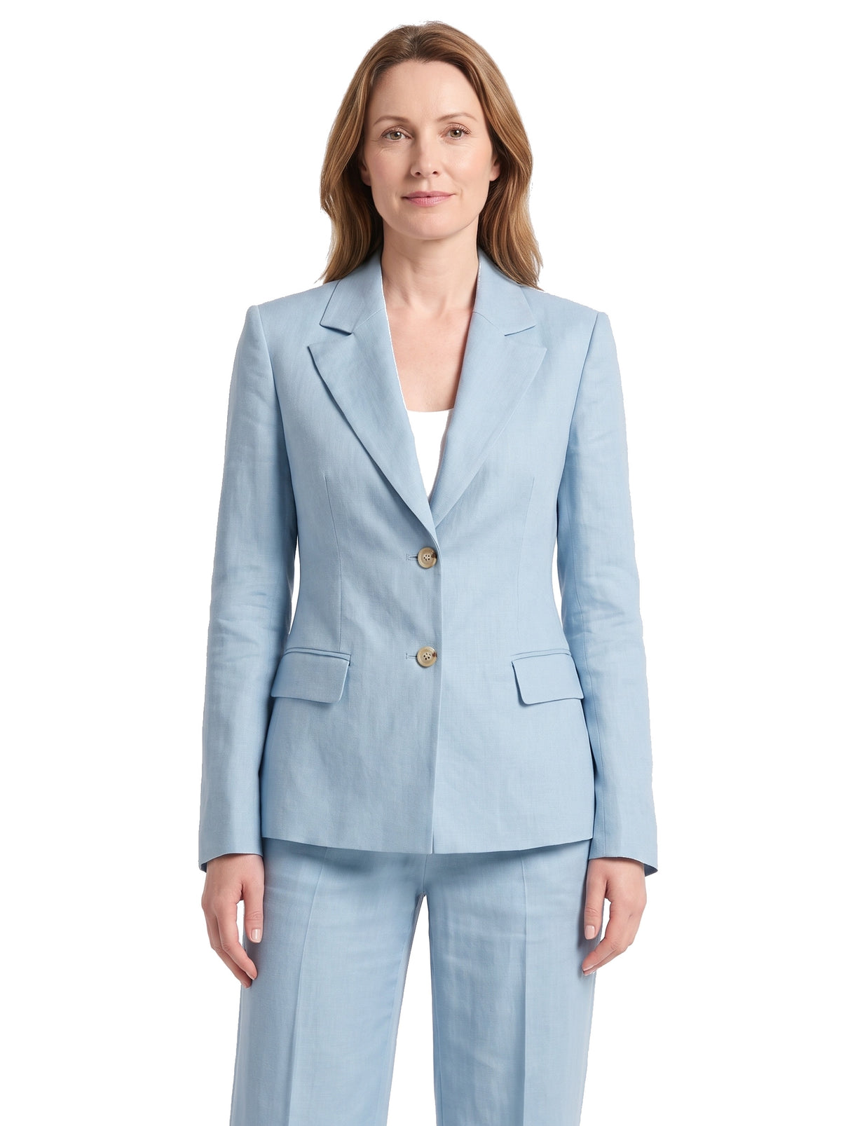 Women's two-piece light blue linen wide-leg trouser suit