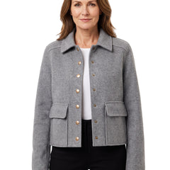 Genevieve-Beatrix women's collared button-front grey wool jacket with patch pockets