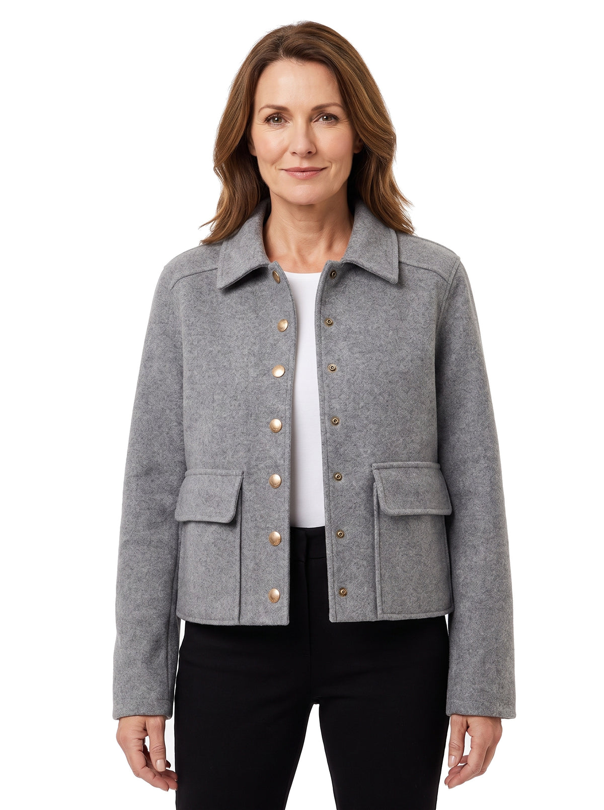 Genevieve-Beatrix women's collared button-front grey wool jacket with patch pockets