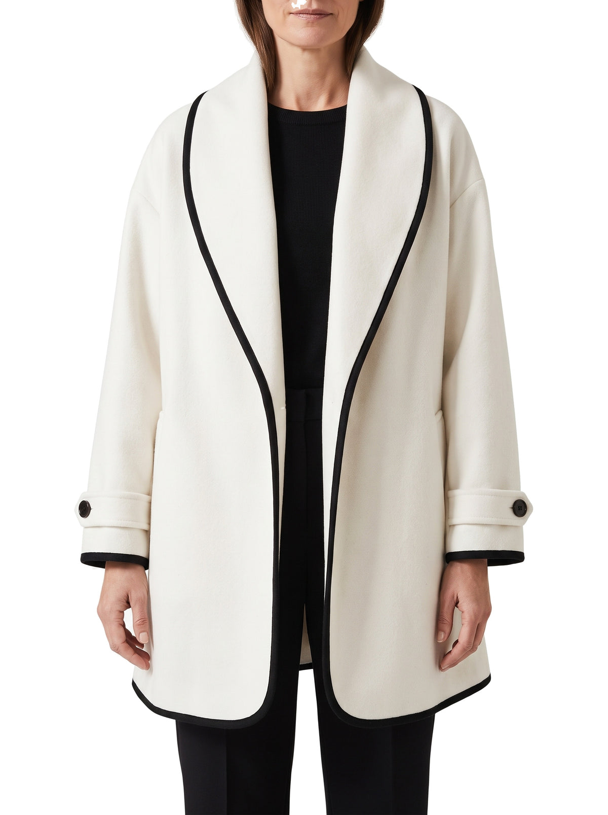 Women's oversized white wool trench coat with wide lapels and black trim
