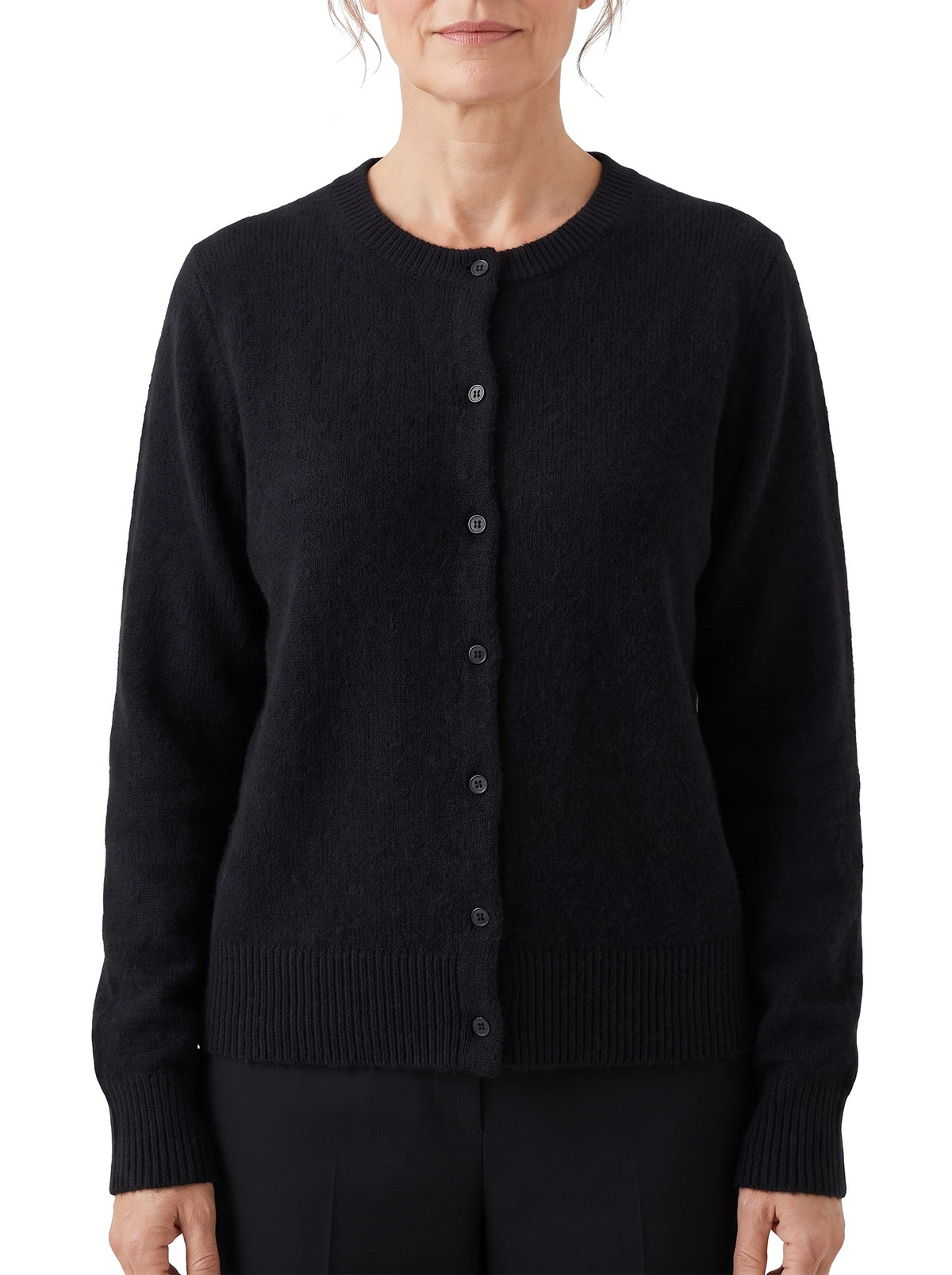 Women's black button-front knit cardigan with relaxed fit