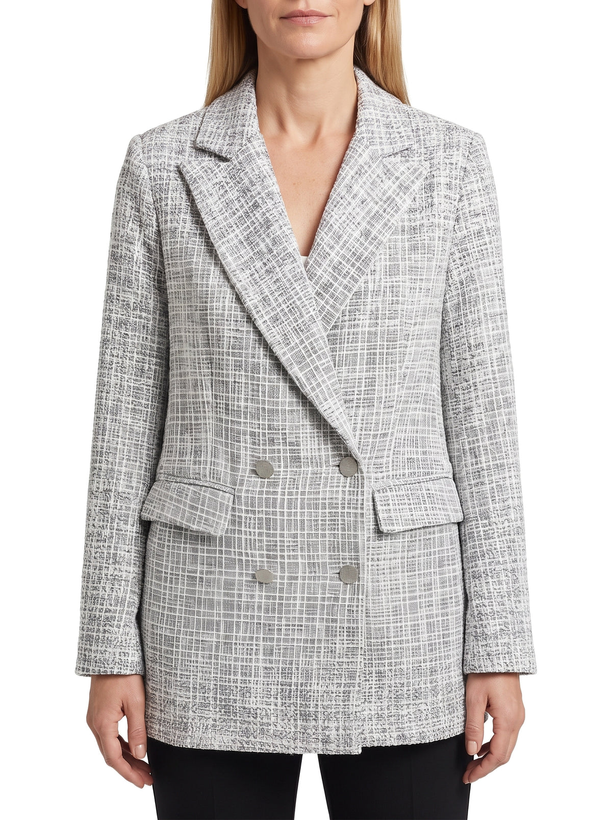 Women's double-breasted grey tweed blazer with notched lapel