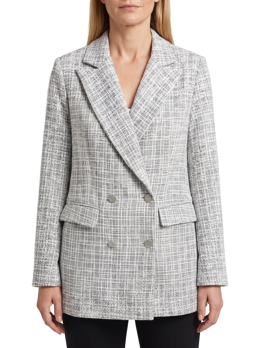 Women's double-breasted grey tweed blazer with notched lapel