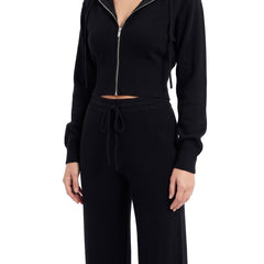 Women's black zip-up cropped hoodie and wide-leg knit set