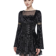 Mabel-Ruth black crushed velvet square-neck flared-sleeve ruffle-hem mini dress