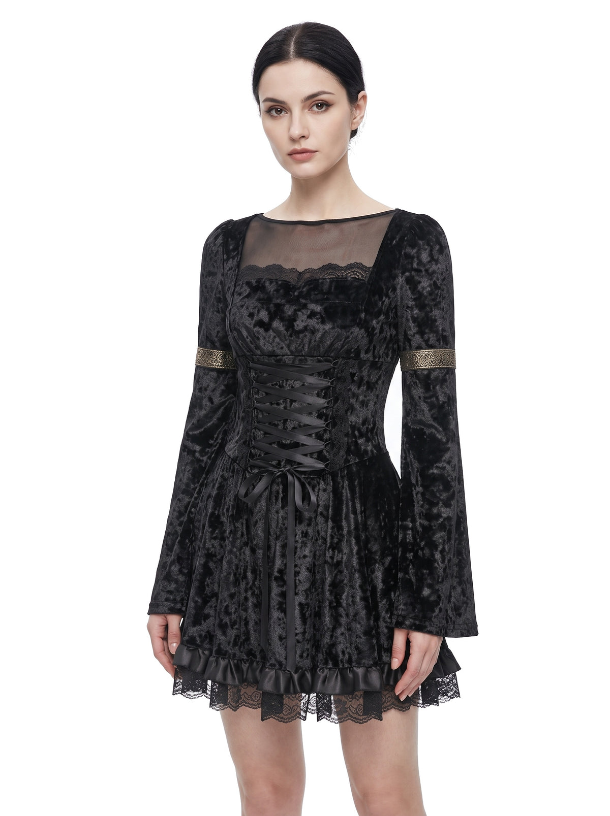 Mabel-Ruth black crushed velvet square-neck flared-sleeve ruffle-hem mini dress