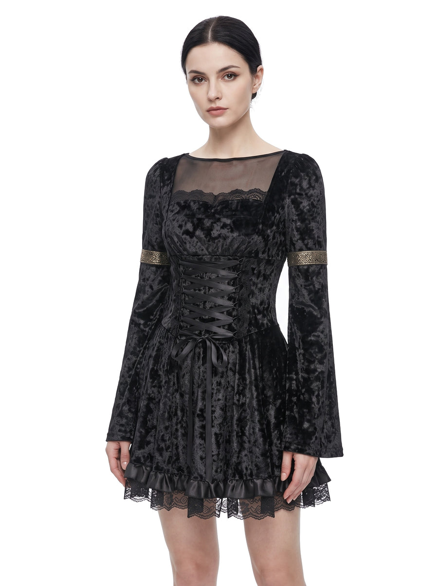 Mabel-Ruth black crushed velvet square-neck flared-sleeve ruffle-hem mini dress