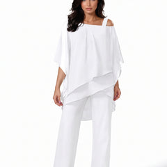 Ursula-Gloria white cold-shoulder layered top and wide-leg trouser set