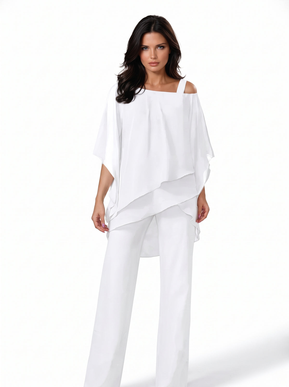 Ursula-Gloria white cold-shoulder layered top and wide-leg trouser set