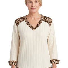 Women's Ribbed V-Neck Top with Animal-Print Trim