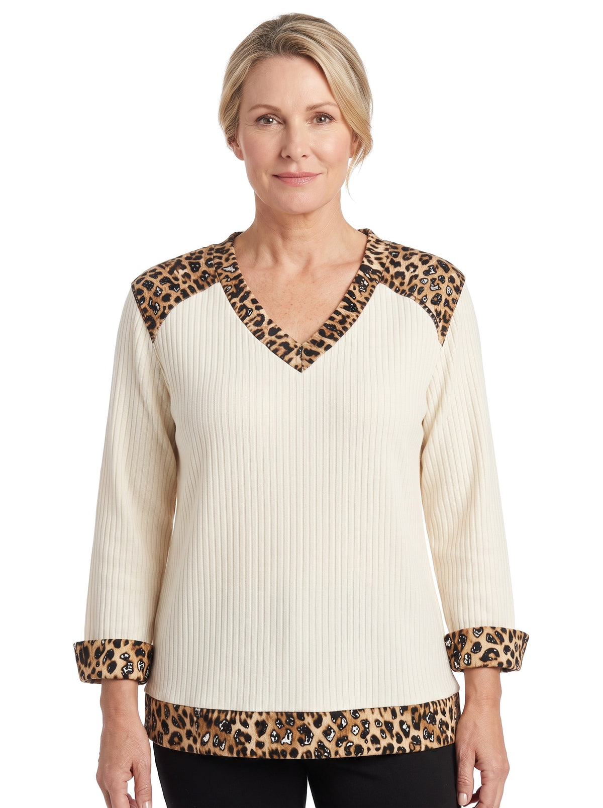 Women's Ribbed V-Neck Top with Animal-Print Trim