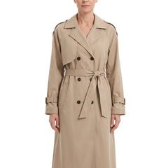 Hazel-June women's double-breasted belted-cuff trench coat in khaki beige