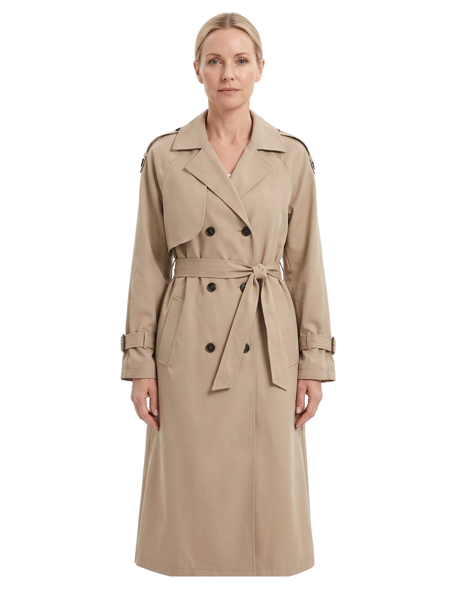 Hazel-June women's double-breasted belted-cuff trench coat in khaki beige