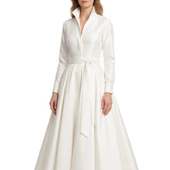 Stella-Annelise women's white satin long-sleeve A-line shirt maxi dress