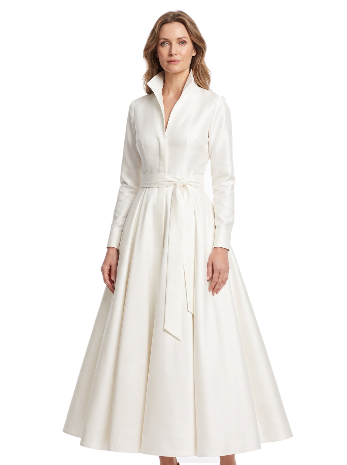 Stella-Annelise women's white satin long-sleeve A-line shirt maxi dress