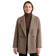 Women's houndstooth double-breasted tailored blazer in brown and black, worn open over a brown turtleneck