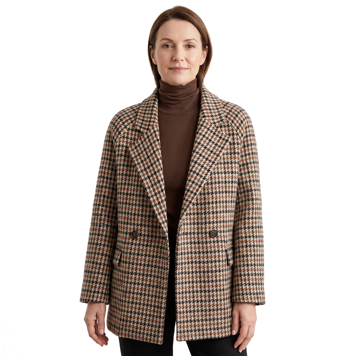 Women's houndstooth double-breasted tailored blazer in brown and black, worn open over a brown turtleneck